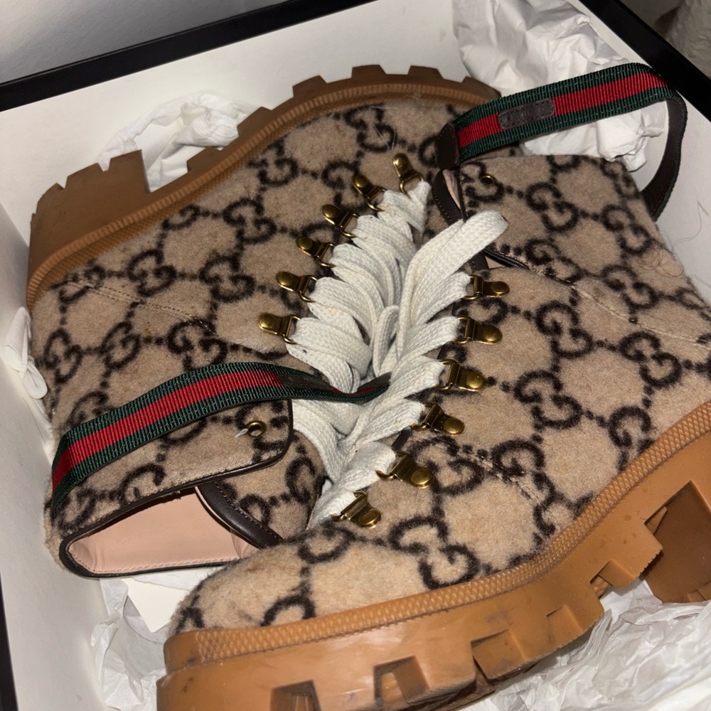Gucci Women's Beige and Brown Combat Boots